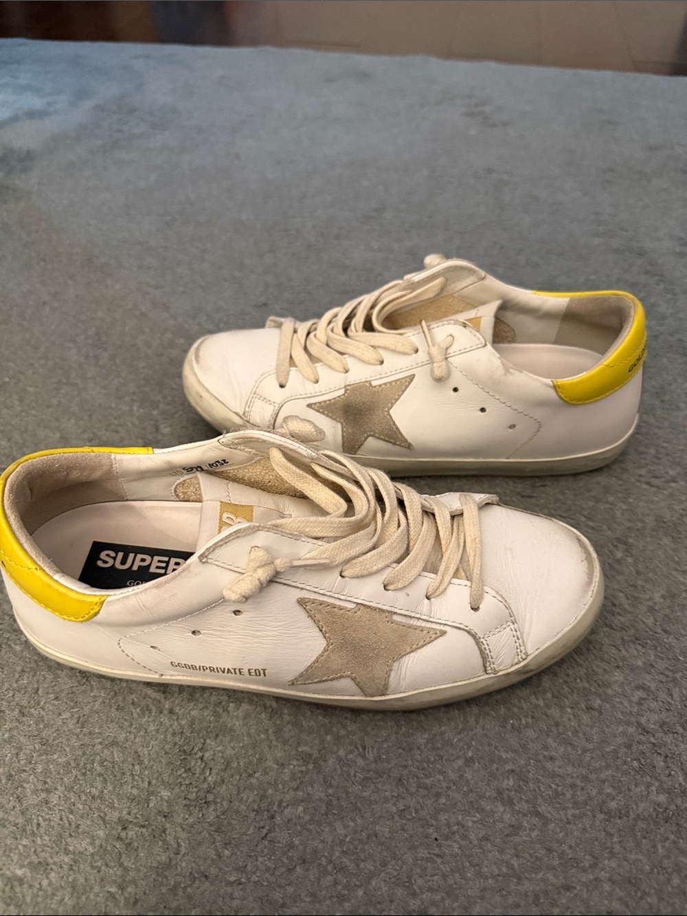 Golden Goose Super-Star Low Top White Sneakers with Yellow Heel Accent - Picture 4 of 5